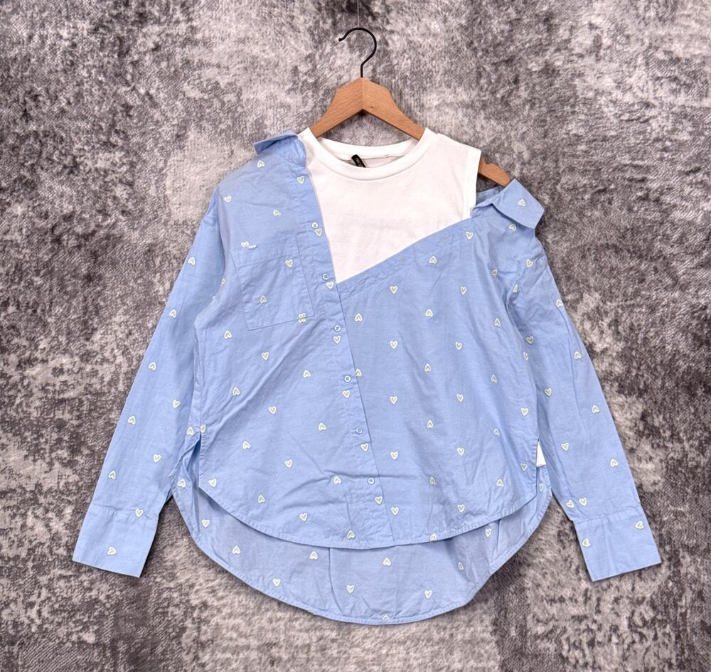 Maje Trompe L'oeil Shirt 0 / XS Women Blue Oxford Heart Embroidered Off Shoulder
